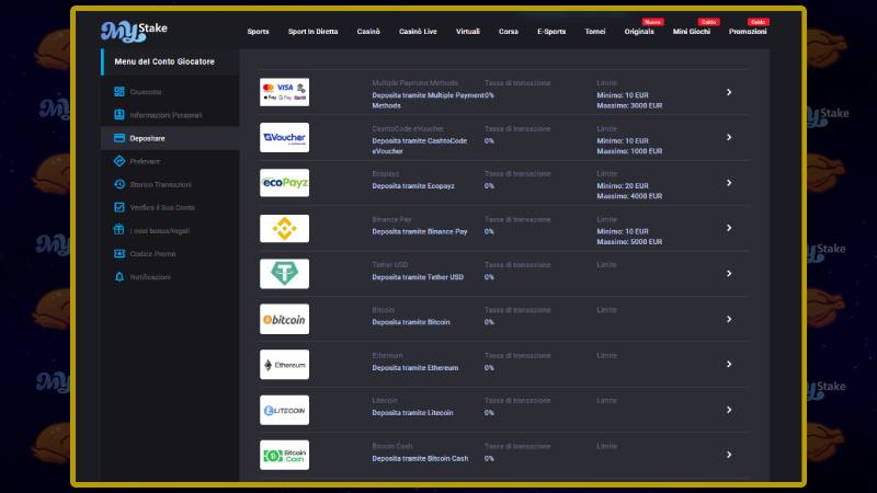Come effettuare un deposito al casinò MyStake